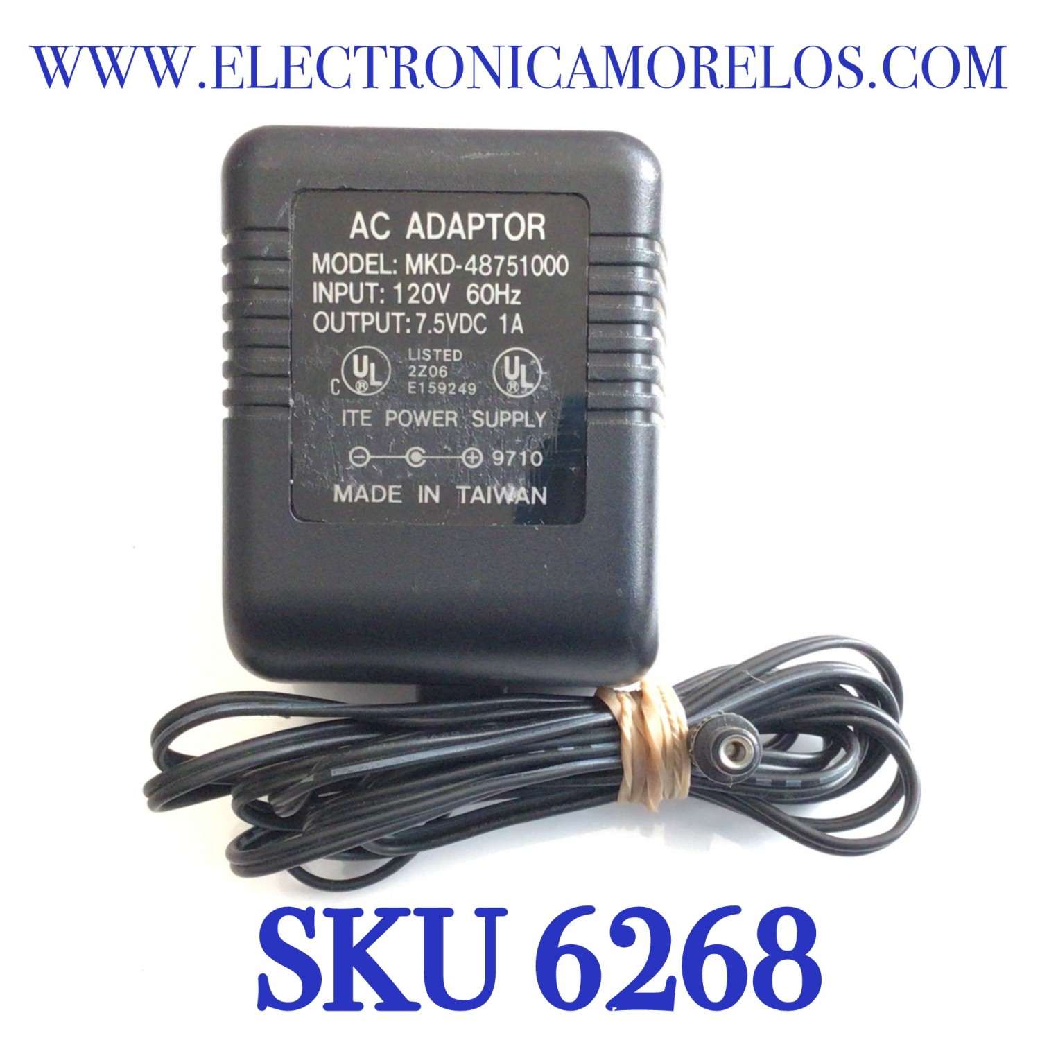 CARGADOR / ADAPTADOR DE FUENTE DE ALIMENTACION AC ADAPTOR / VCA-VCD / NUMERO DE PARTE MKD-48751000 / ENTRADA VCA 120V 60HZ  / SALIDA VCD 7.5 1A  / MODELO MKD-48751000